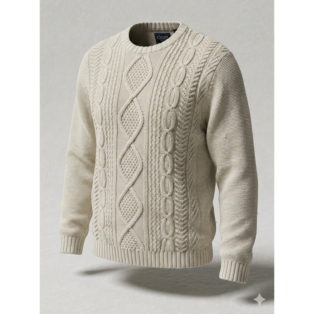 Chaps Ralph Lauren Men's Ivory Colored Cable Knit Heavy Sweater. Size L‎